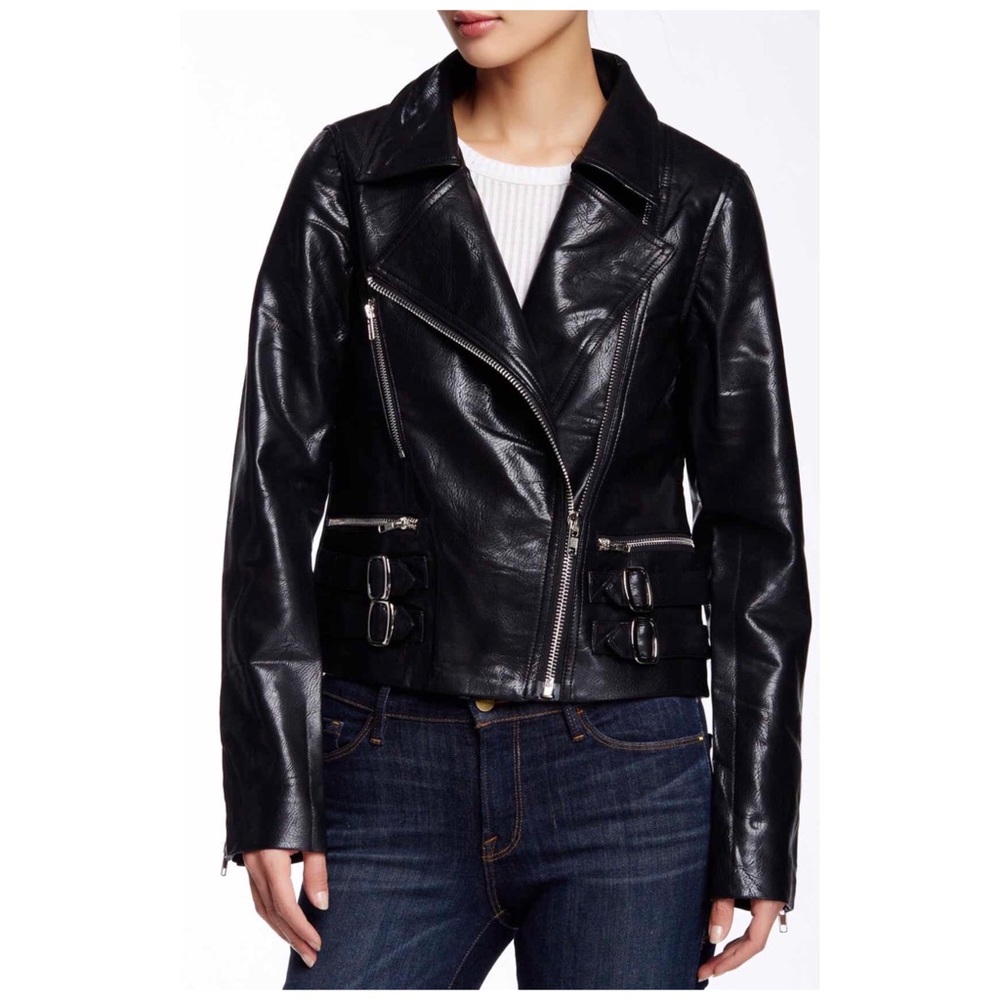 TOV Studded Double Buckle Faux Leather Jacket
